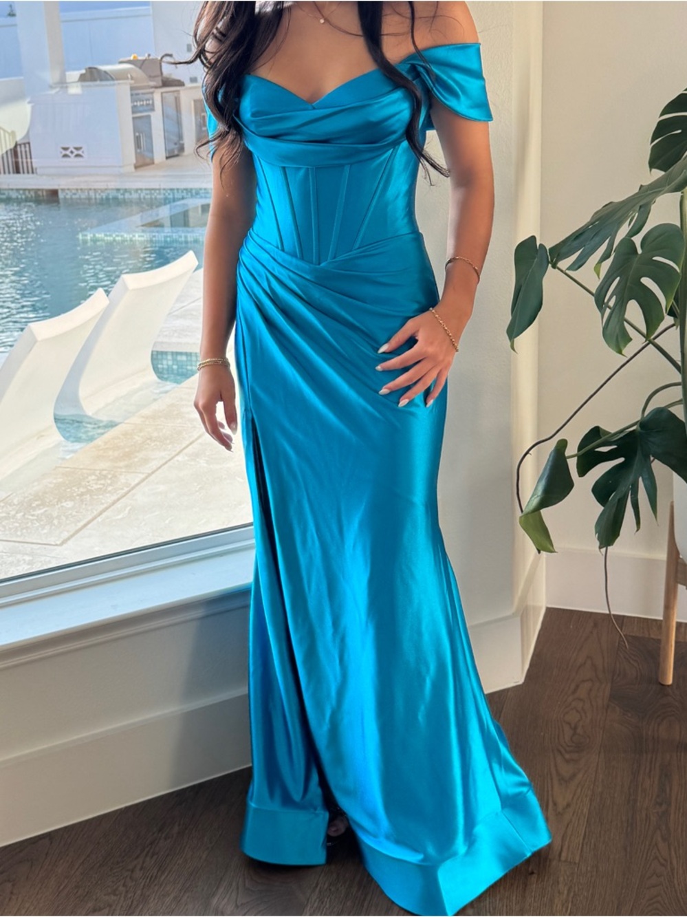 Sherri Hill Teal Satin Maxi Gown with High Side Slit